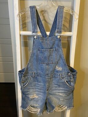 Ripe Light Blue Maternity Denim Short Overalls with Metal Logo Plate